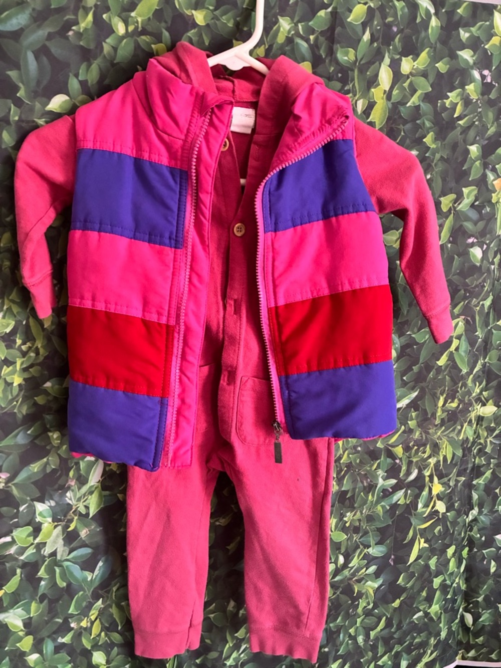 Girls Pink & Purple Colorblock Puffer Vest with Pink Jumpsuit - Kids